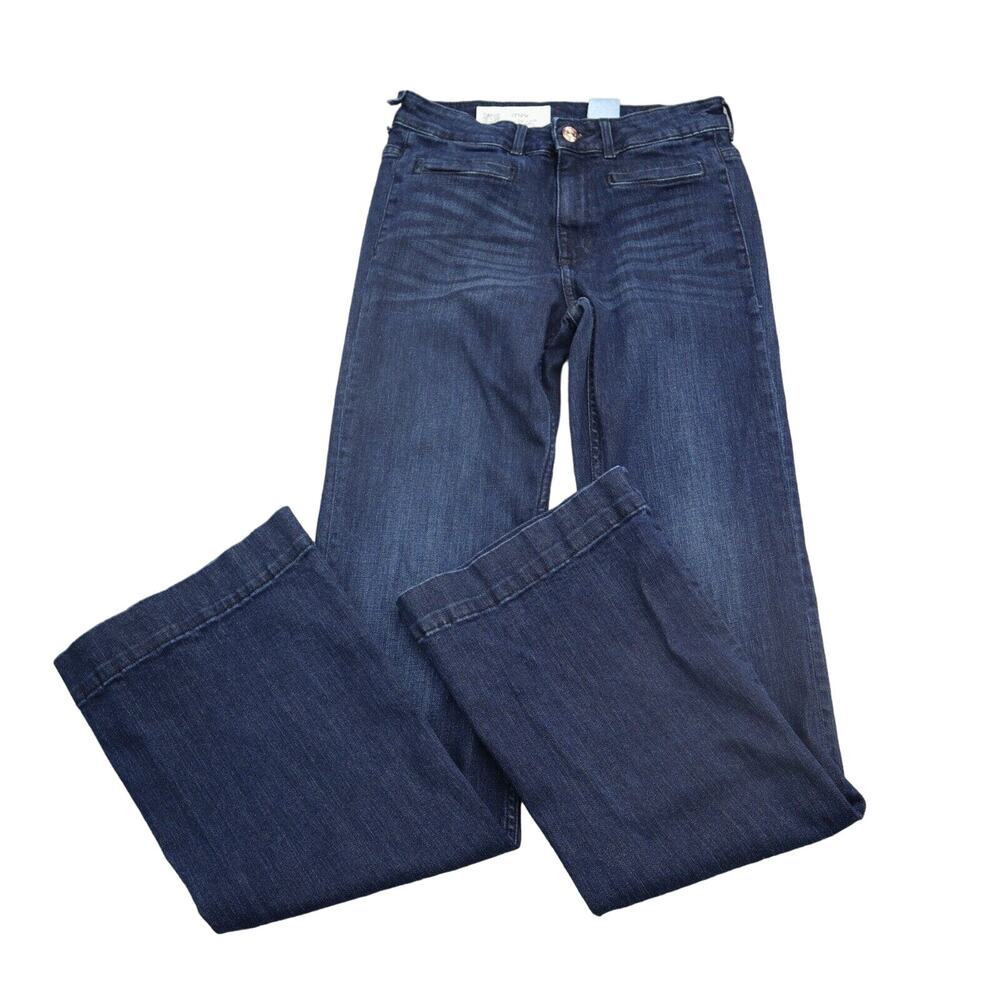 H M Jeans Womens 27 Blue Flared Mid Rise Button Zip Pocket Dark Wash Denim Pants